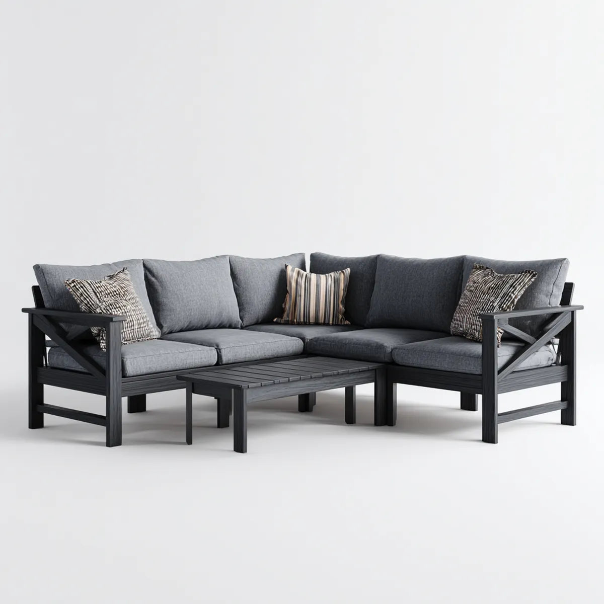 Salon de jardin d'angle 4 places avec table basse noir et gris en bois d'acacia massif 220 x 220 x 78 cm