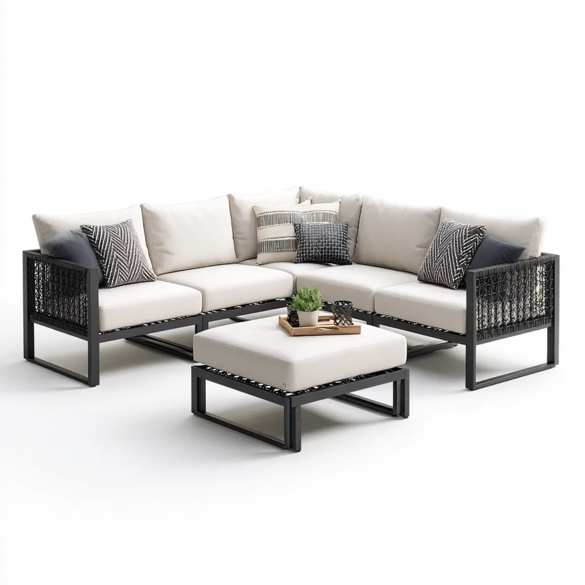 Salon de jardin d'angle 4 places avec pouf blanc et noir 254 x 254 cm aluminium et résine tressée