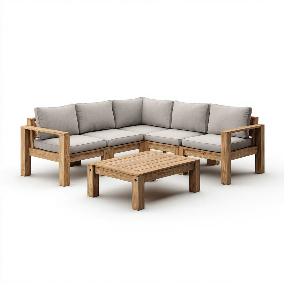 Salon de jardin d'angle 5 places avec table basse beige en bois massif d'acacia 220 x 220 x 70 cm et 100 x 60 x 40 cm