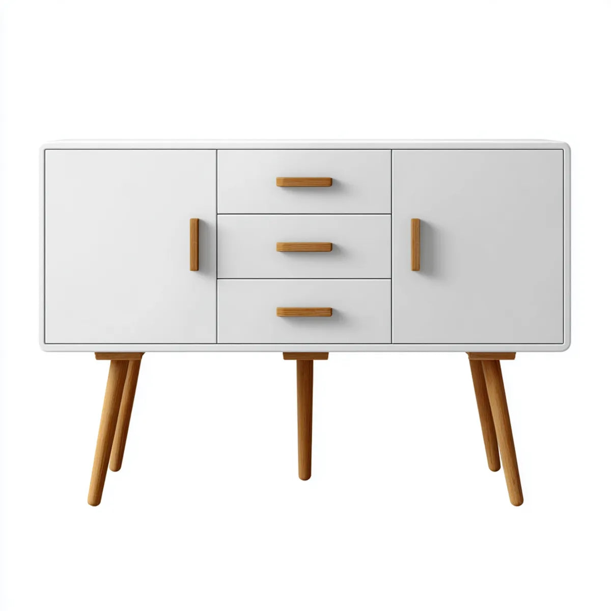 Buffet 2 portes 3 tiroirs blanc et naturel 120 x 40 x 80 cm en MDF et pin massif rectangulaire