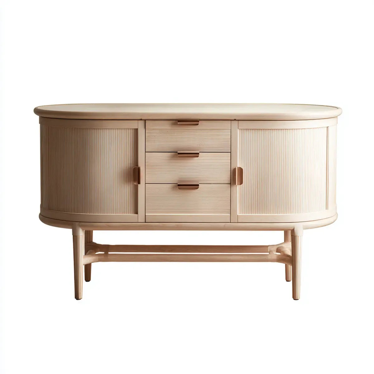 Buffet de salle à manger beige en bois massif 160 x 45 x 85 cm avec 2 portes et 3 tiroirs forme ovale