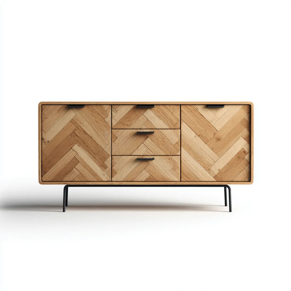Buffet bas naturel 160 x 40 x 80 cm en panneaux MDF plaqués chêne à motif chevrons