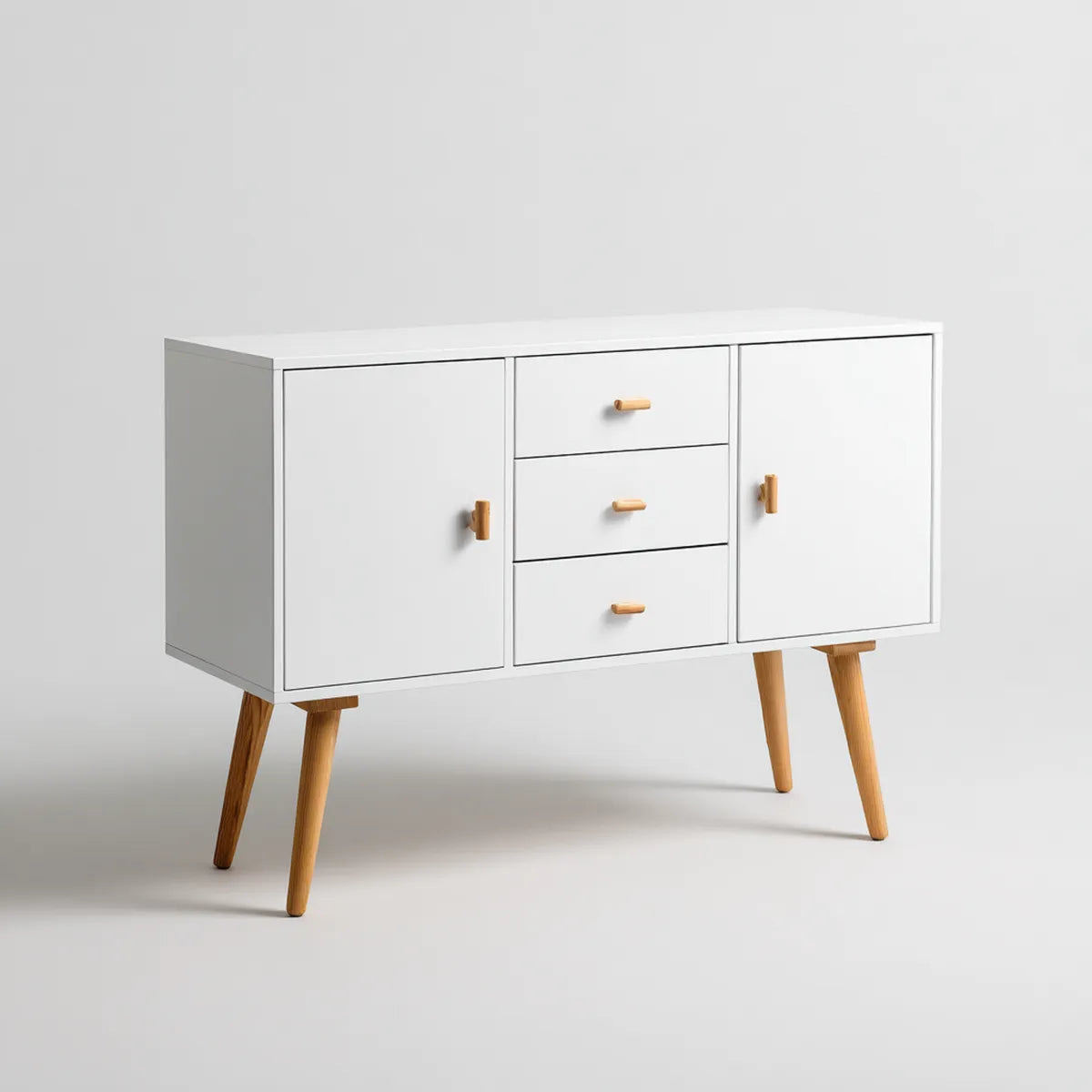 Buffet de salle à manger blanc rectangulaire 120 x 40 x 80 cm en MDF et hêtre massif avec 2 portes et 3 tiroirs