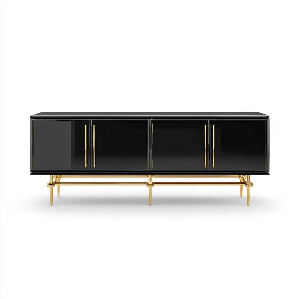 Buffet 4 portes noir et doré 180 x 40 x 85 cm en MDF laqué rectangulaire