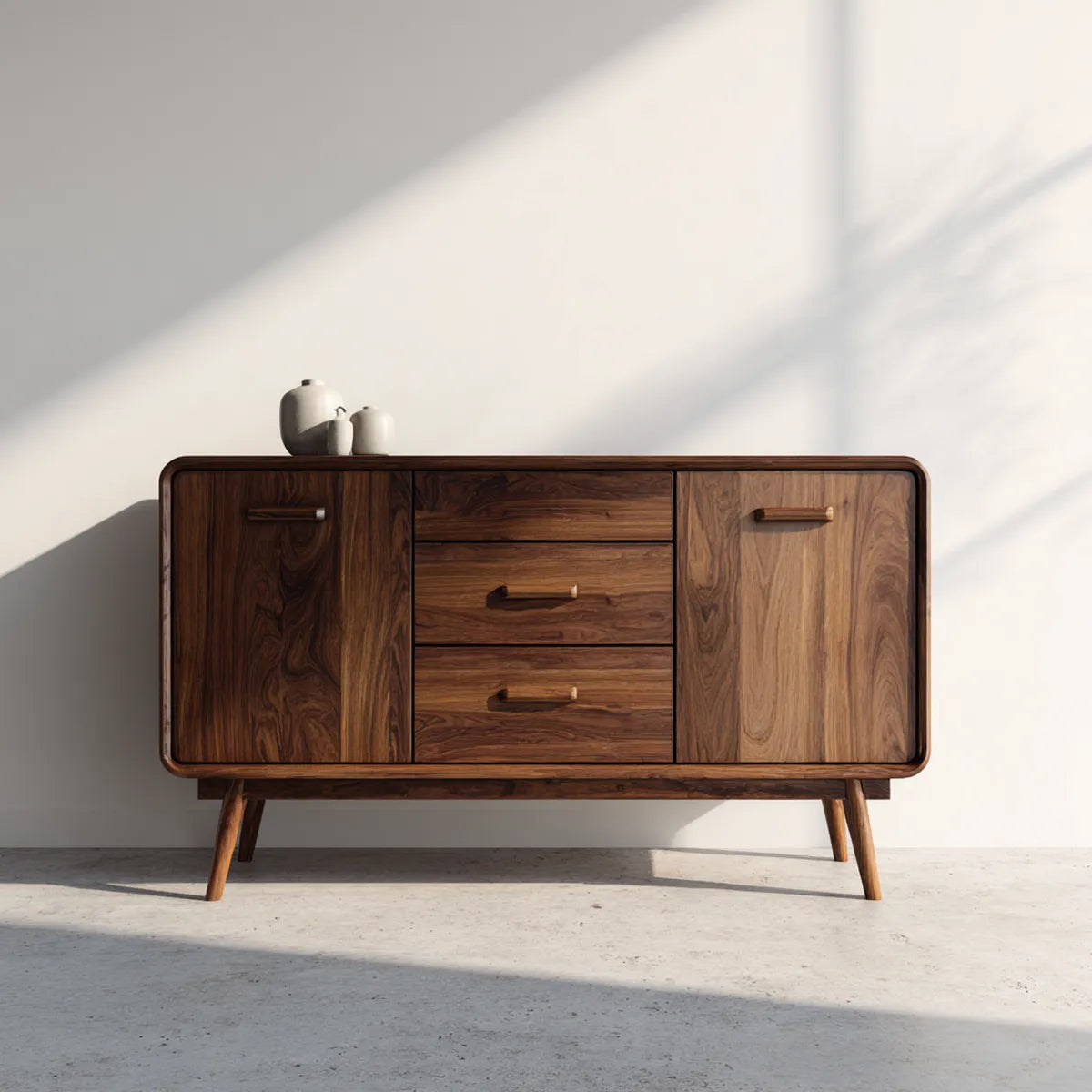 Buffet de salle à manger rectangulaire en bois massif de noyer brun 160 x 40 x 85 cm avec 2 portes et 3 tiroirs