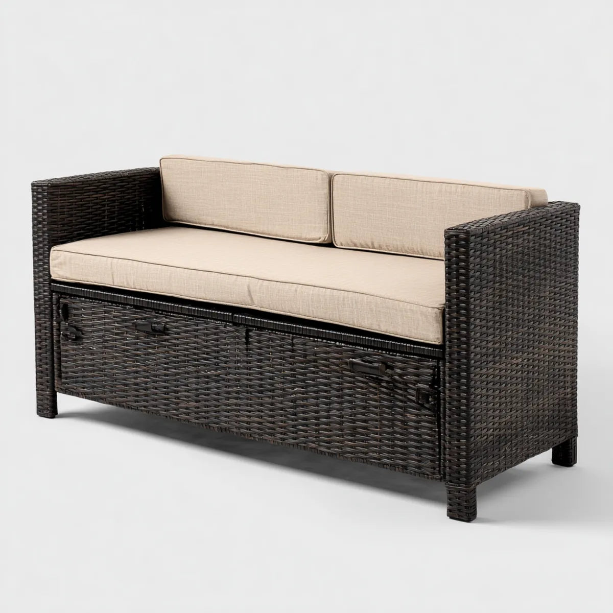 Canapé de jardin 2 places avec coffre de rangement marron et beige 128 x 70 x 75 cm en résine tressée PE rectangulaire