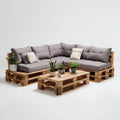 Salon de jardin d'angle 3 pièces en palettes de pin marron avec coussins gris 240 x 180 cm