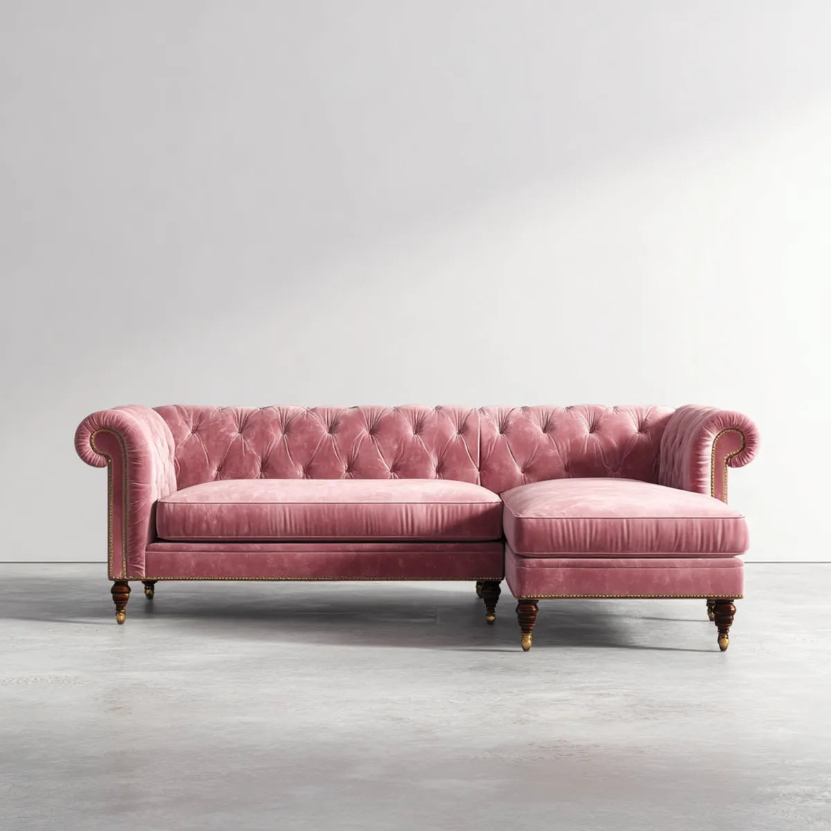 Canapé d'angle 3 places rose en velours de polyester forme L 245 x 165 x 76 cm
