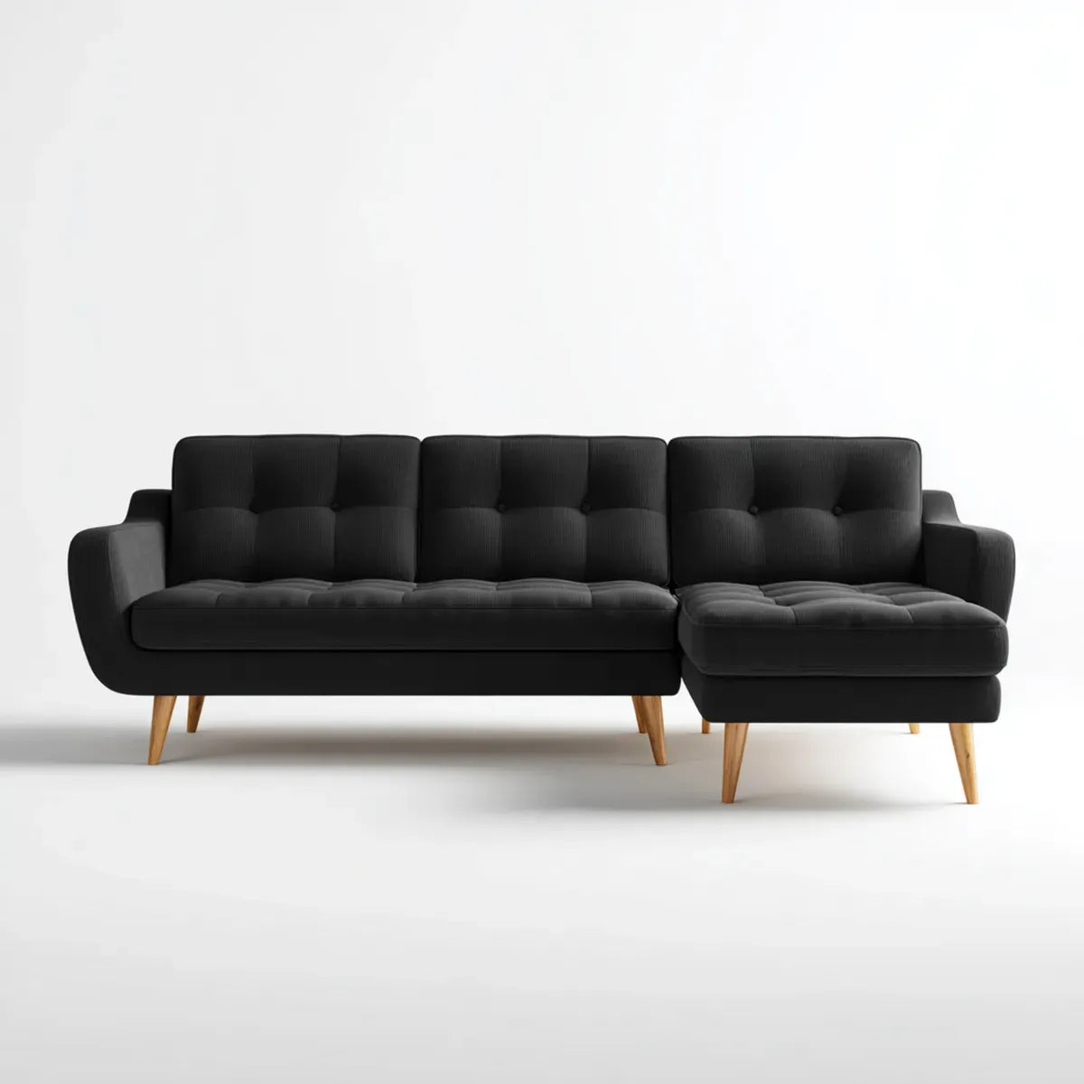 Canapé d'angle fixe 4 places noir en velours côtelé polyester avec pieds en pin massif forme L 250 x 160 x 84 cm