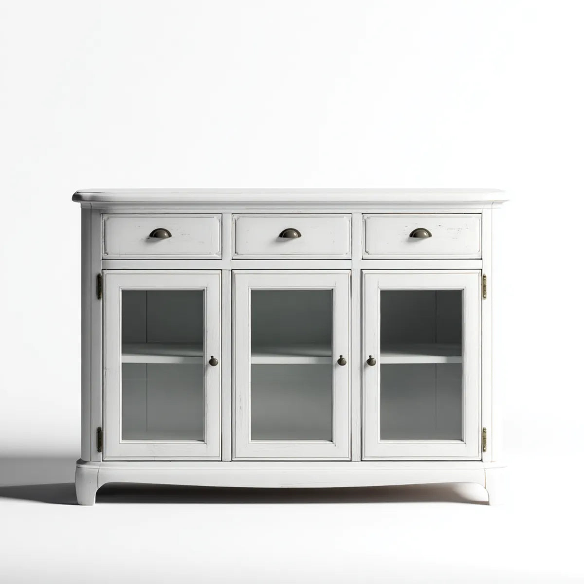 Buffet vaisselier rectangulaire blanc 150 x 45 x 95 cm en MDF et verre trempé avec 3 portes et 3 tiroirs