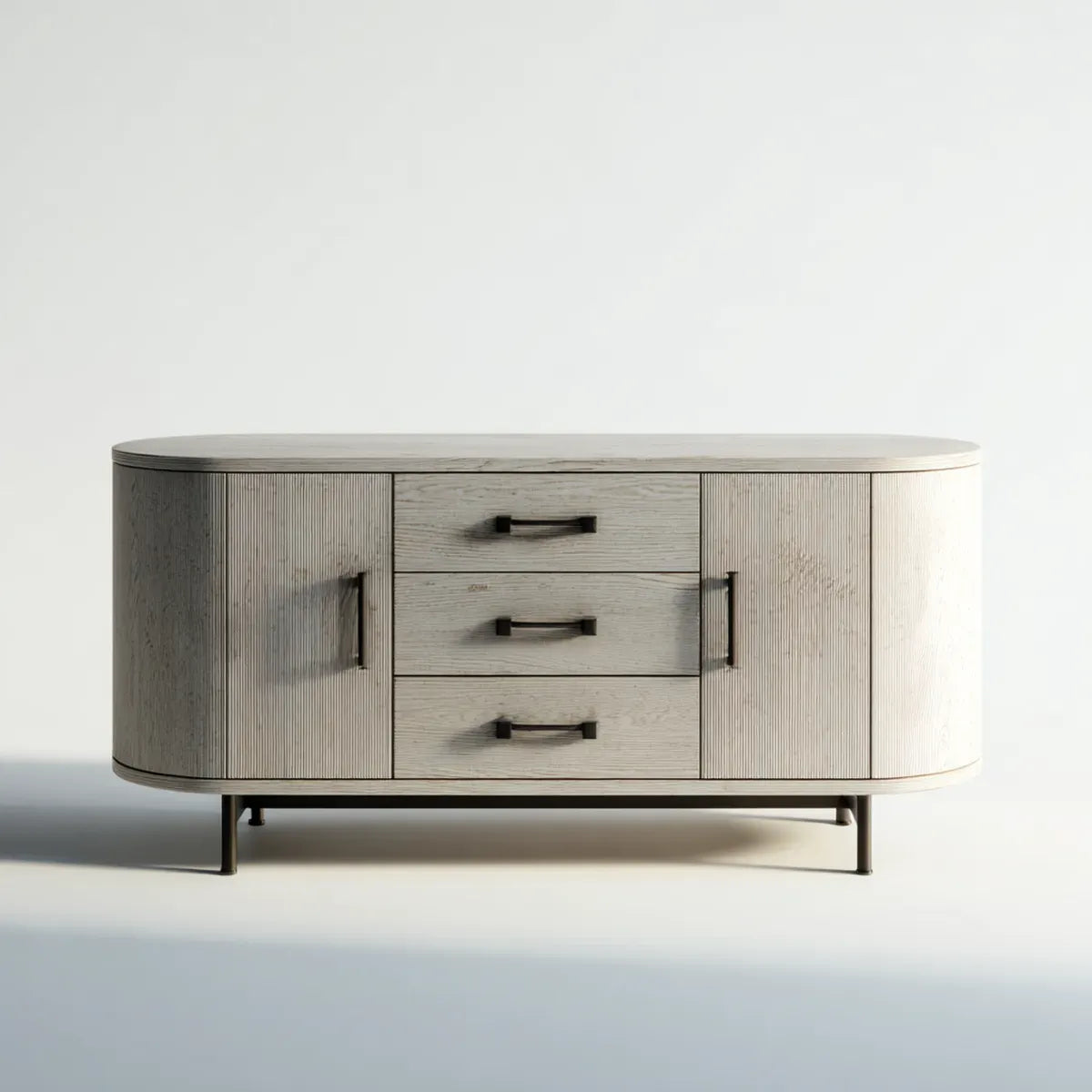 Buffet bas ovale gris clair 160 x 45 x 80 cm en panneaux MDF et acier avec 3 tiroirs et 2 portes