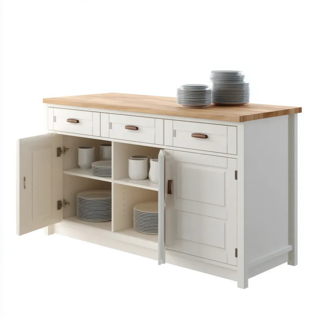 Buffet de salle à manger blanc et chêne 160 x 48 x 95 cm en MDF et pin massif rectangulaire