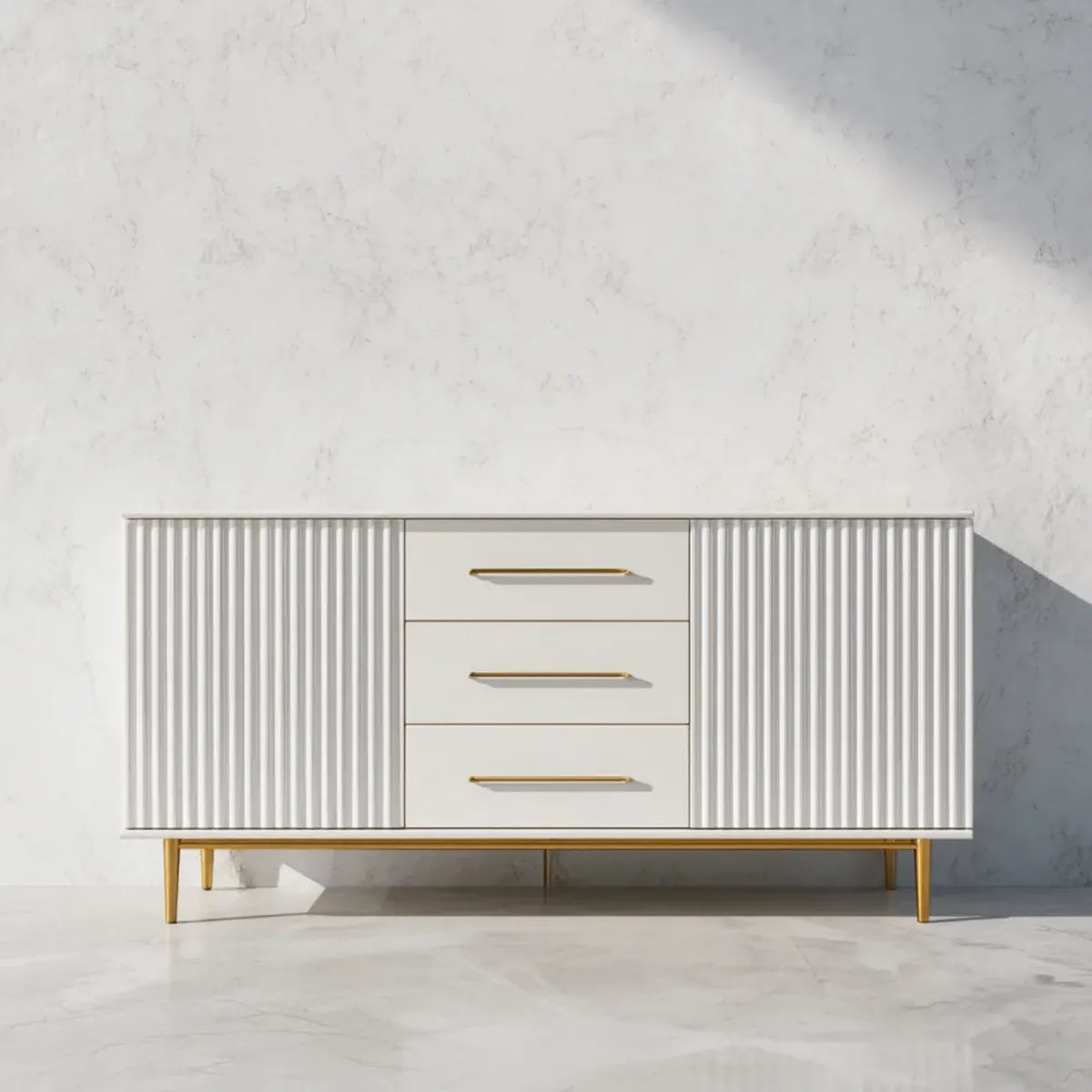 Buffet de salle à manger blanc 160 x 40 x 80 cm en MDF et acier rectangulaire avec 3 tiroirs et 2 portes