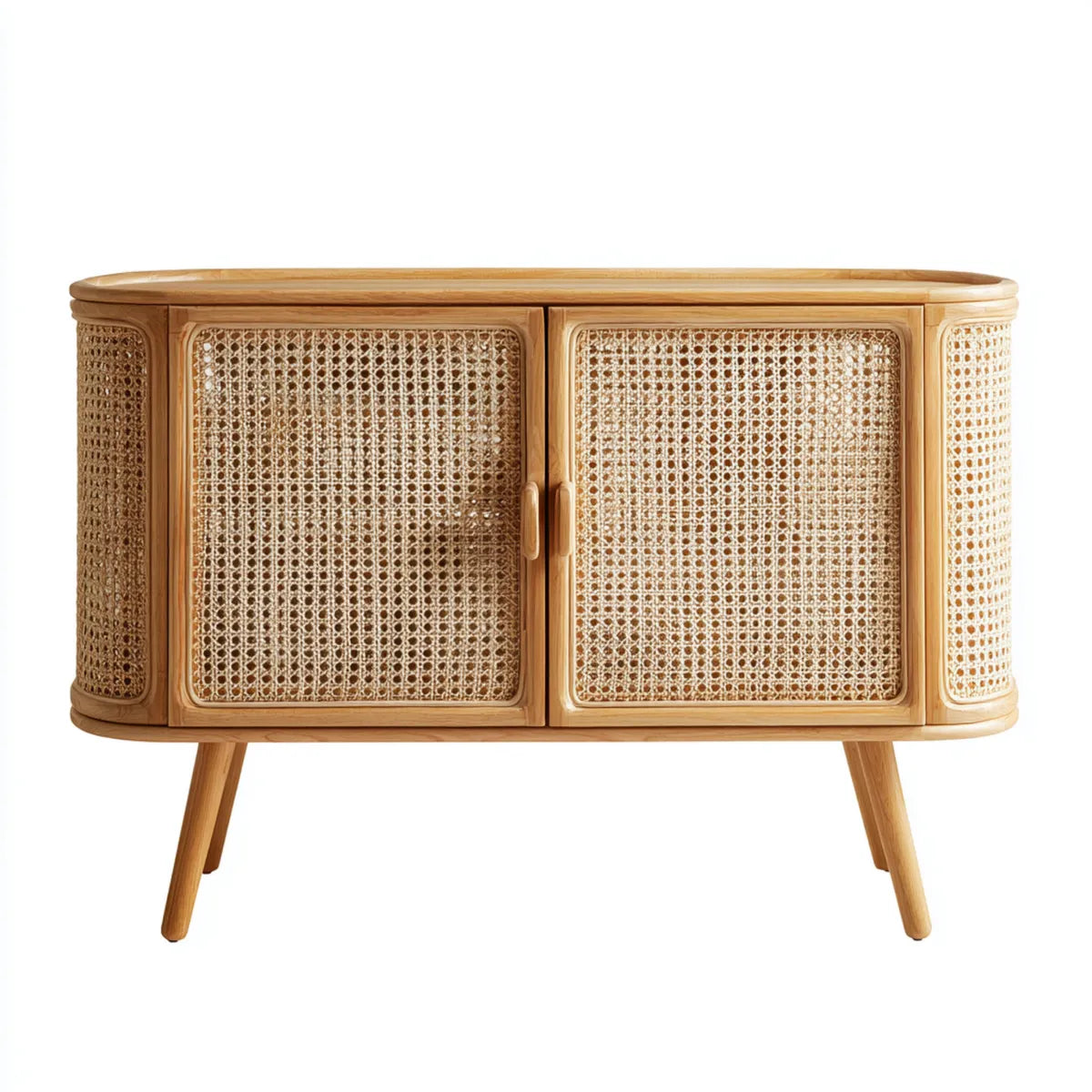 Buffet 2 portes naturel 120 x 40 x 80 cm en hévéa massif et cannage de rotin forme arrondie