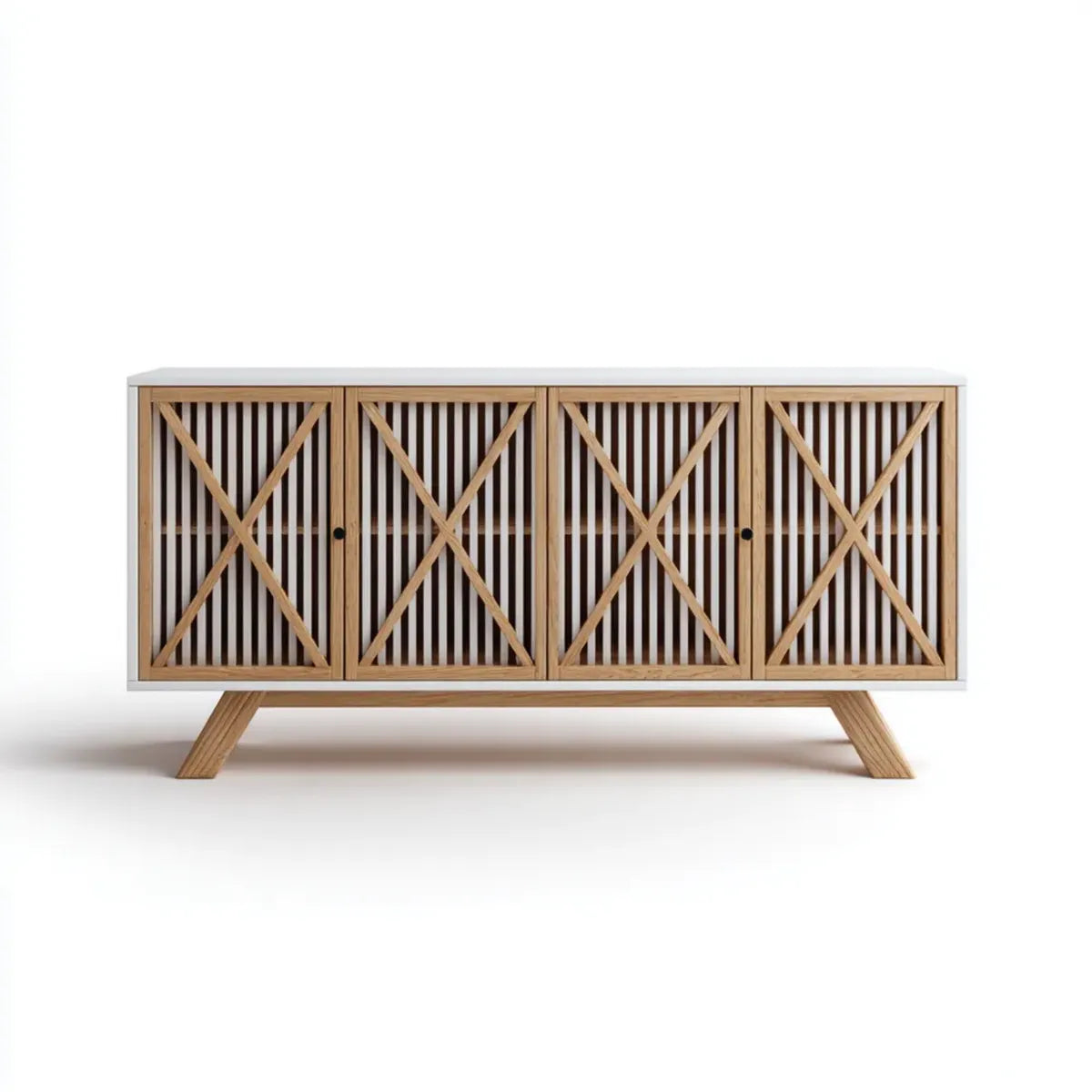 Buffet 4 portes blanc et naturel 160 x 40 x 80 cm en MDF et bambou rectangulaire